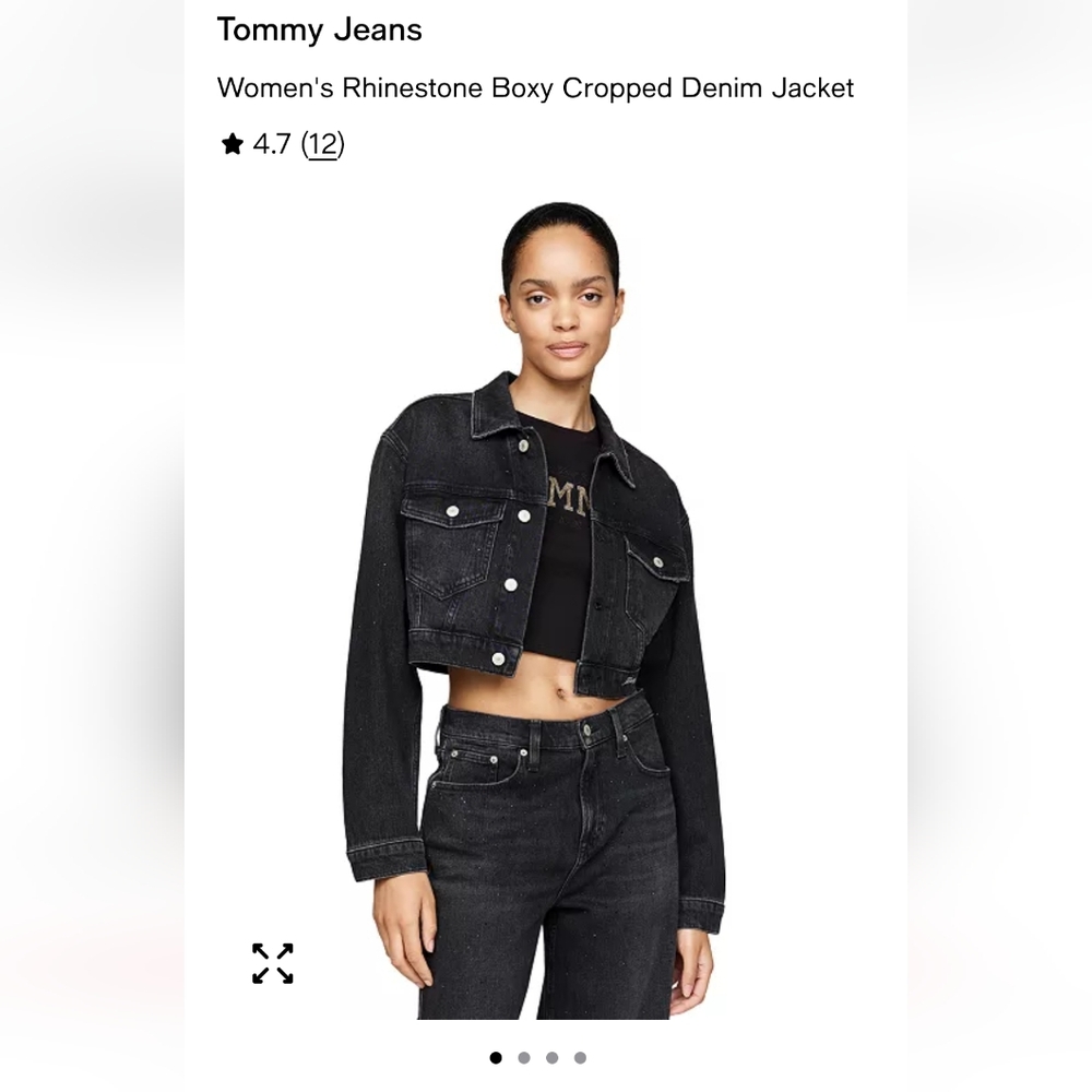 NWT Tommy Jeans Women's Rhinestone Boxy Cropped Black Denim Jacket - Large